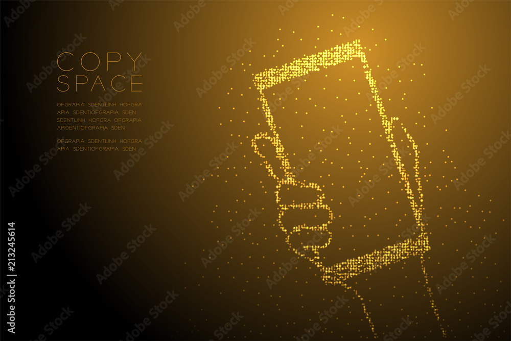 Poster abstract geometric bokeh circle dot pixel pattern hand holding smartphone shape, digital concept des
