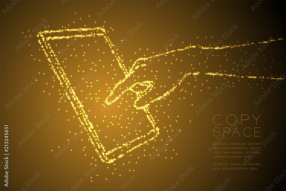Poster abstract shiny bokeh star pattern hand touch screen tablet shape, digital concept design gold color 