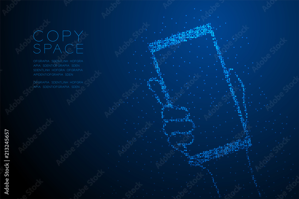 Poster abstract geometric bokeh circle dot pixel pattern hand holding smartphone shape, digital concept des