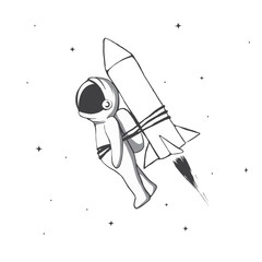 astronaut flying to space with rocket tied for him.Cosmic character.Black and white vector illustration © Galacticus