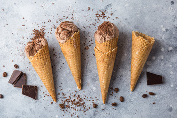chocolate ice cream in waffle cones