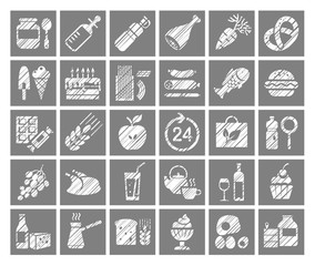 Food, square icons, grocery store, pencil shading, vector. Food and drinks, production and sale. Single color square icons with white pattern. Simulation of shading. Vector clip art.  
