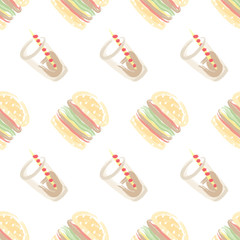 Seamless pattern with glasses of sweet soda water and hamburgers. Hand drawn vector illustration.