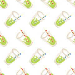 Seamless pattern with glasses of sweet green soda water. Hand drawn vector illustration.