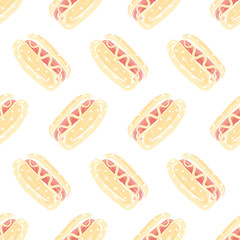Seamless pattern with hot dogs. Hand drawn vector illustration.