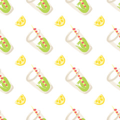 Seamless pattern with glasses of sweet green soda water with lemon slices.  Hand drawn vector illustration.