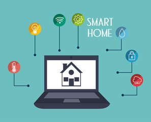 smart house with laptop and set services icons