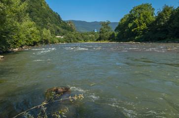 shallow river with clear water on the background of the dome of the church lonely towering above the treetops