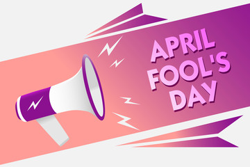 Writing note showing April Fool s is Day. Business photo showcasing Practical jokes humor pranks Celebration funny foolish Sound speaker convey messages ideas three text lines logo type design.