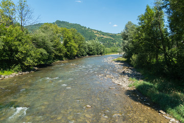 A mountain shallow river with clear water and a bottom filled with stones flowing among