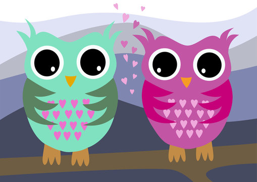 Couple of Owls with hearts on the bough vector