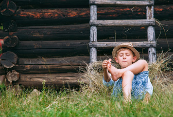 Lazy boy lies in grass under the barn - careless summer on countryside