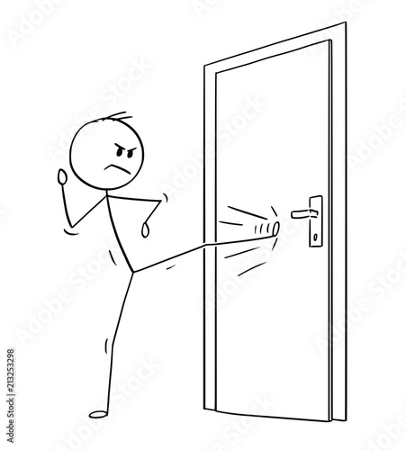 Cartoon Stick Drawing Conceptual Illustration Of Man Or Businessman Kicking The Locked Door Business Concept Of Overcoming Obstacles Wall Mural Zdenek Sasek