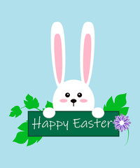 White easter rabbit. Funny bunny in flat style. Easter Bunny. On blue winter background. Vector illustration.