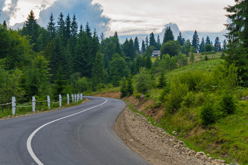 The road against the background of green mountains with a huge number of different vegetation and small rural houses