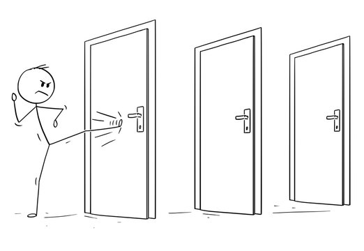 Cartoon Stick Drawing Conceptual Illustration Of Man Or Businessman Kicking The Locked Door. First Of Many In His Way. Business Concept Of Overcoming Obstacles.