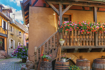 Fototapeta na wymiar .Half-timbered architecture in Alsace. The ancient city of Aegisheim. Wine Road Alsace.