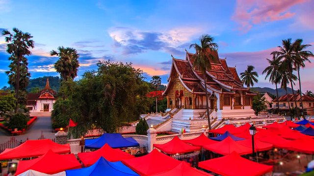 Timelapse of night market at the Royal Palace Museum in Luang Prabang city, Laos