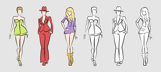 Fashion Catwalk Models. Vector illustration of 3 posing female models in hand-drawing / sketchy style.