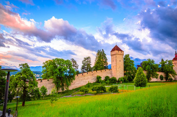 Fototapeta na wymiar Old city wall and towers in Luzern, Switzerland