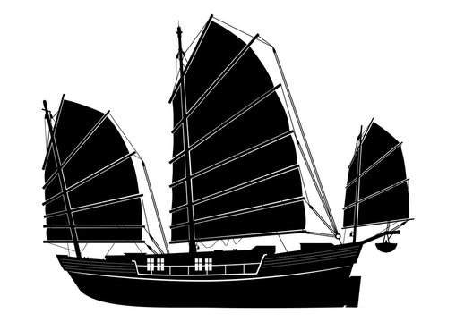 Junk Boat. Silhouette Of A Chinese Vintage Ship. Side View. Flat Vector.