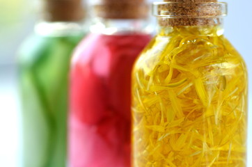 Three glass vial bottles of fresh natural plant based skin care facial toners with copy space. Organic herbal, plant and flower infusions for face and body. Cucumber, marigold and rose.
