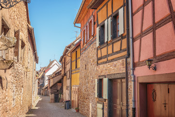 .Half-timbered architecture in Alsace. The ancient city of Aegisheim. Wine Road Alsace. France.