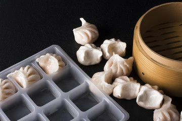 Chinese dumplings with plastic form for freezing on black background.