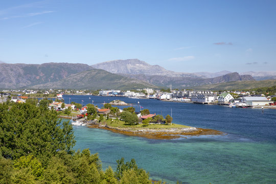 View from city Bronnoysund bridge in Nordland county Northern Norway