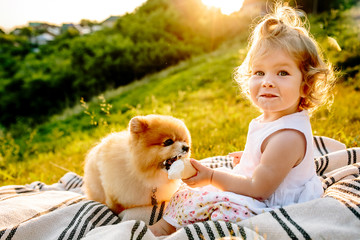 a little girl sitting on a blanket and feeding the dog ice cream. Sunset in the background