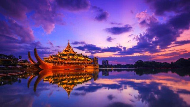 4K Timelapse of Karaweik palace at Kandawgyi Nature Park in Yangon of Myanmar
