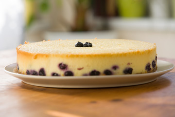 Blueberry Cheesecake with four blueberries in the middle, on a plate, on a  wooden table