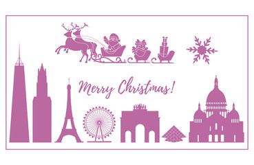 Santa Claus in sleigh flying over buildings.