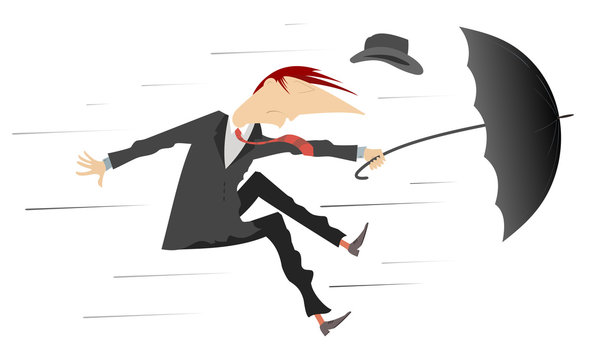Strong wind and man with hat and umbrella illustration. Whirlwind and a man lost his hat and try to keep an umbrella isolated on white illustration
