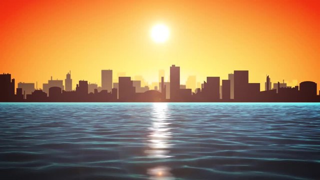 4k Sunrise Ocean With Cityscape/
Animation of loopable summer sunrise ocean landscape with cityscape and skyscrapers behind