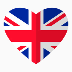 Flag of UK in the shape of Heart, flat style, symbol of love for his country, patriotism, icon for Independence Day.