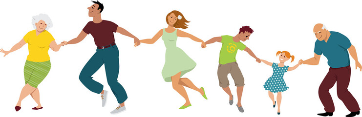 Obraz na płótnie Canvas A happy three generation family dancing, holding hands, EPS 8 vector illustration