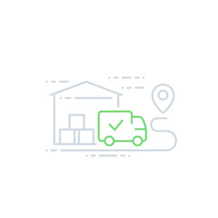 warehouse and van, delivery icon, line art