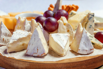 Board with different types of cheese: Dor blu, chedar, Parmesan, brie, honey sauce, finger bread and grape. Restaurant menu plate