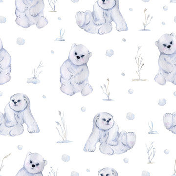 Seamless pattern with cute little polar bears, bushes and snow. Isolated on white background. Watercolor illustration 