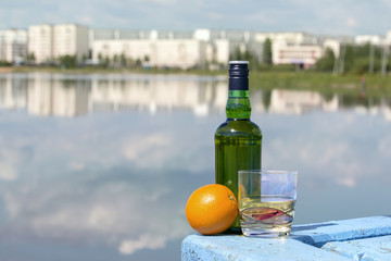 Bottle of whiskey and glass with orange on the shore of lake