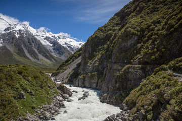 Fast flowing river at Aoraki Mount Cook national park, New Zealand