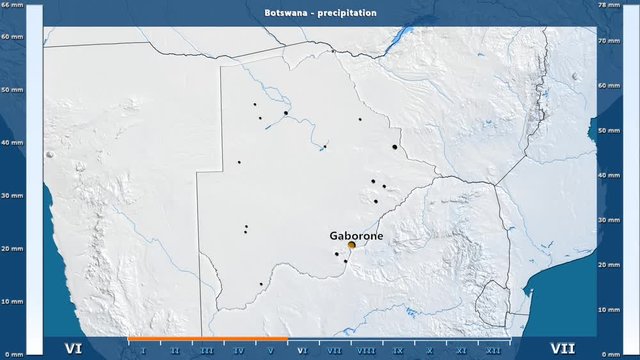 Precipitation by month in the Botswana area with animated legend - English labels: country and capital names, map description. Stereographic projection