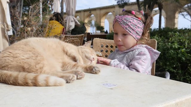 Valletta, Malta - Child girl eat and cat lying on street cafe table