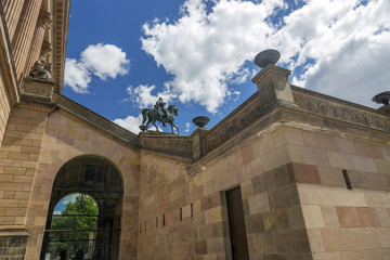 Fototapeta premium Equestrian monument to Prussian King Friedrich Wilhelm IV in front of the museum building, was installed in 1886 in Berlin