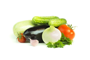 Fresh vegetables. Eggplant, tomatoes, onion, zucchini, cucumber, garlic, parsley, food ingredients, isolated on white