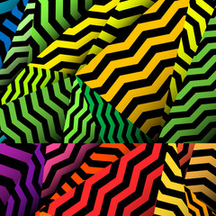 Chevron background, rippled rainbow and black pattern.