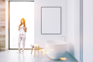 Minimalistic white bathroom interior poster, woman
