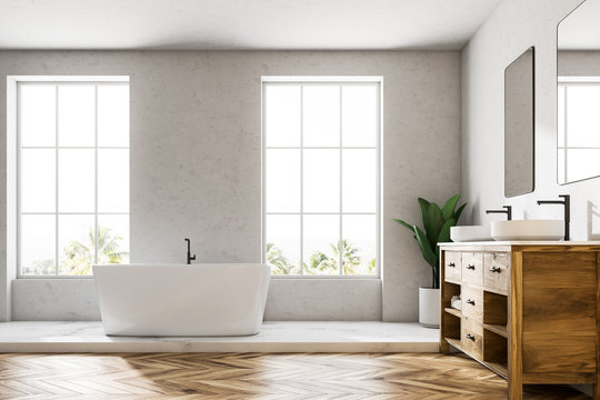 Loft white luxury bathroom, white tub