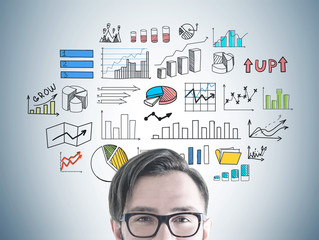 Head of businessman in glasses, infographics